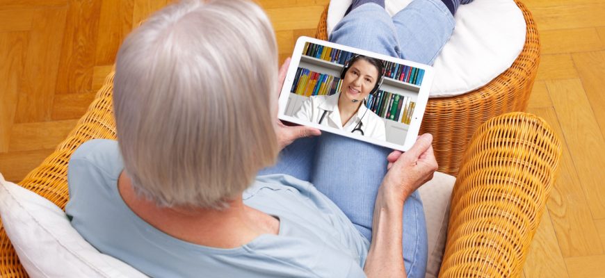 A senior using telemedicine.